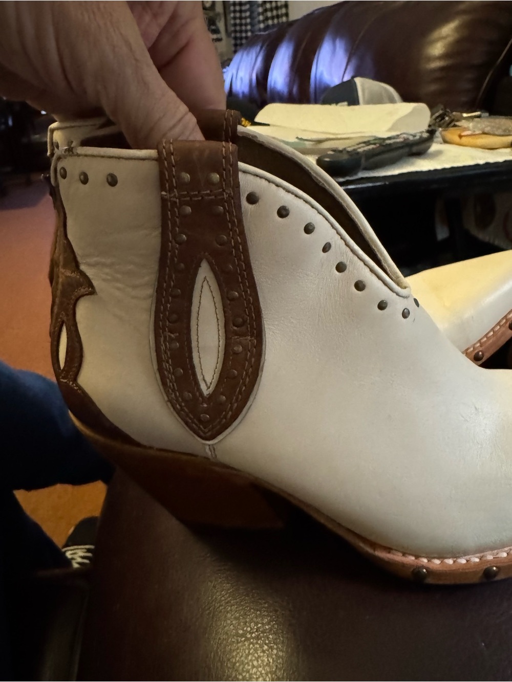 Cream Ariat Leather Western Ankle Booties with Stud Trim - Picture 4 of 5